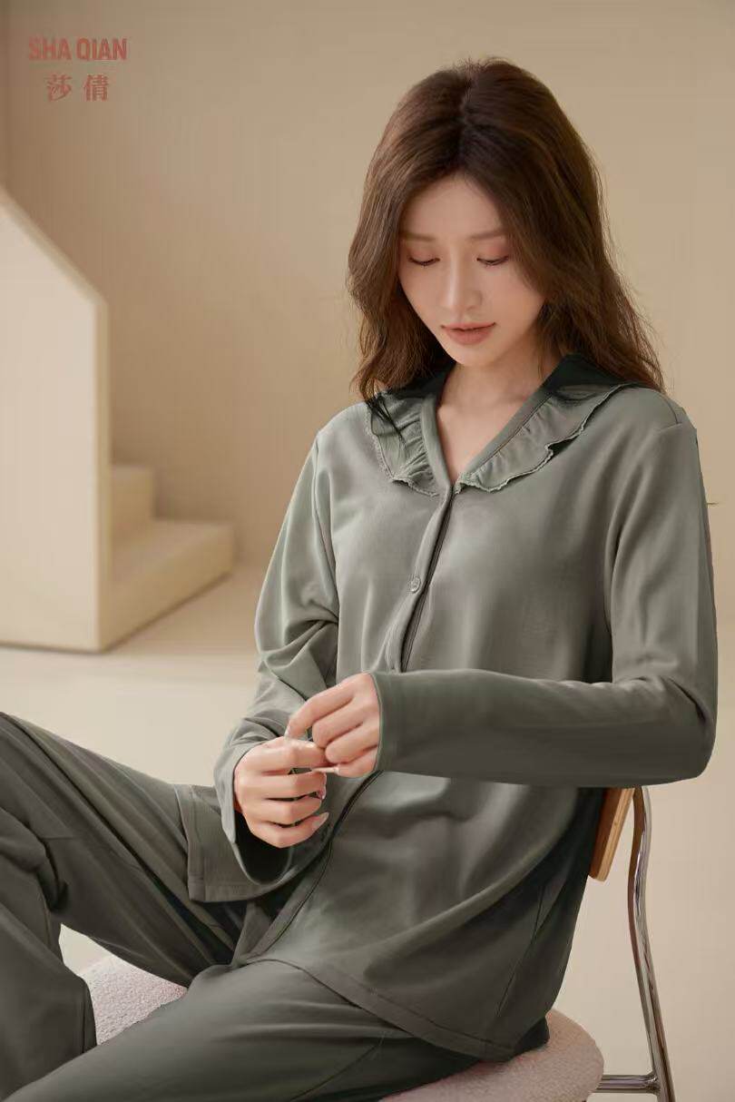 莎倩睡衣2025秋冬新款 女奶芙棉纯棉开衫睡衣家居服套装 带胸垫