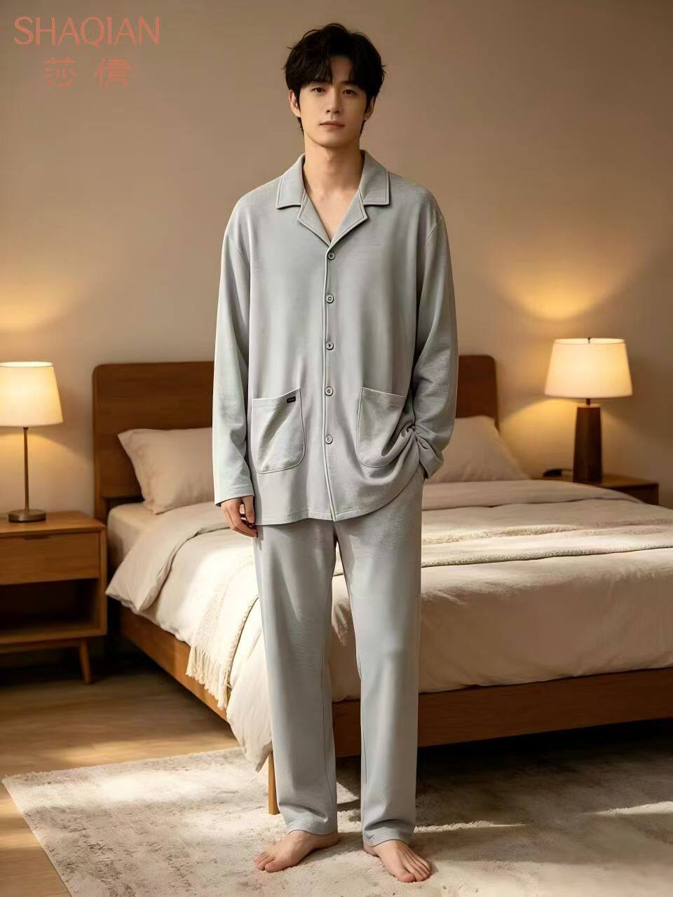 莎倩睡衣2026秋冬新婴儿棉情侣睡衣家居服开衫翻领套装男女