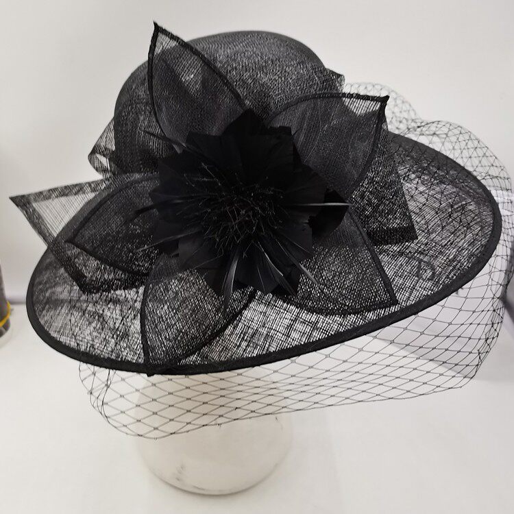 欧美时尚名媛妇羽毛花网纱大檐麻纱礼帽 英式优雅正装帽子女