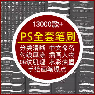 ps软件笔刷安装包勾线厚涂插画人物CG纹肌理水彩油墨手绘画笔噪点