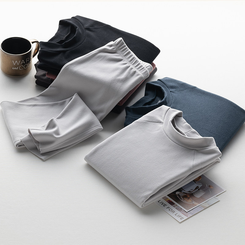 德绒半高领无痕保暖内衣男套装加厚加绒修身双面磨毛秋衣秋裤冬季