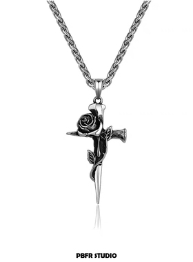 复古玫瑰十字架项链男钛钢