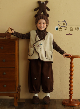 砚台家童装女童毛绒刺绣马甲秋冬装新款儿童无袖休闲背心女宝上衣