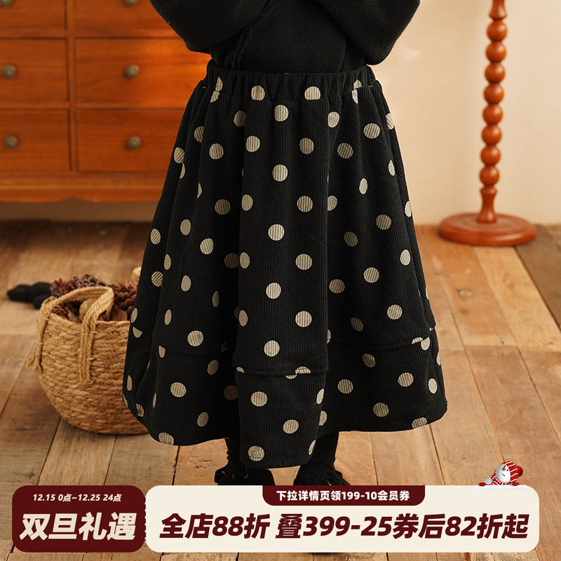 砚台家复古儿童灯芯绒波点长裙
