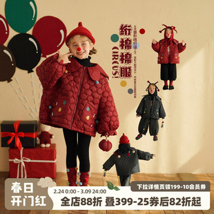 砚台家女童加绒保暖红色夹棉外套冬装新款宝宝可爱卡通加厚棉衣服