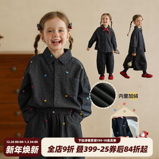 儿童秋冬加绒外套女宝春秋加厚牛仔裤 套装 女童牛仔衬衫 砚台家童装