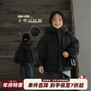 砚台家女童加厚连帽羽绒服90白鸭绒冬季新款儿童保暖短款黑色外套