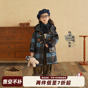 砚台家女童加绒格子毛呢大衣冬装新款儿童加厚保暖一体绒长款外套