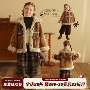 砚台家女童仿皮毛一体加绒连帽外套冬装儿童宝宝加厚保暖洋气大衣