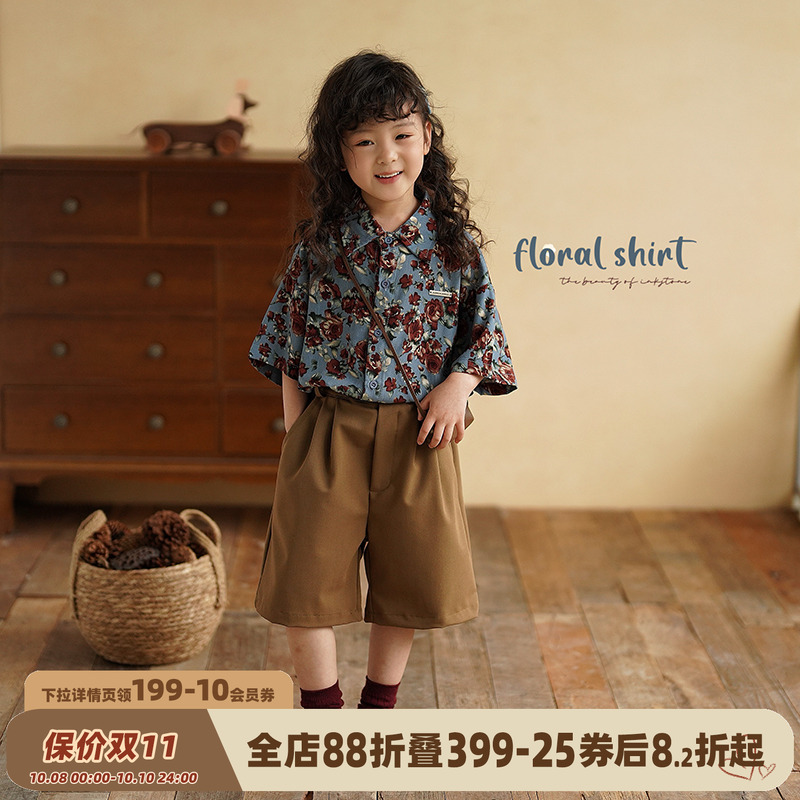砚台家复古港风女童花衬衫2025夏季新款儿童轻薄短袖衬衣宝宝上衣