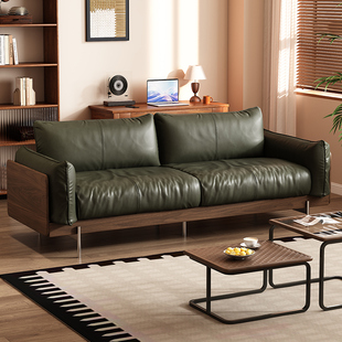 黑胡桃木实木沙发头层牛皮客厅家用中古风高端四人位直排真皮沙发