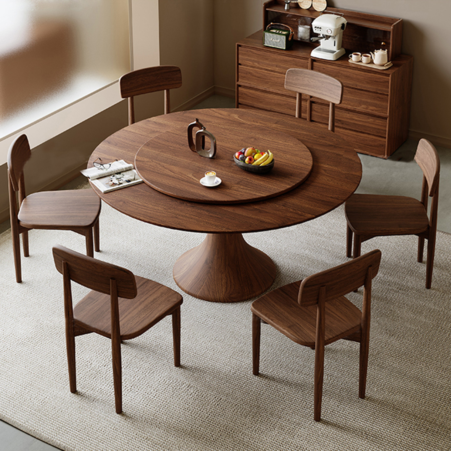 黑胡桃餐桌餐桌椅岩板组合圆形现代简约实木转盘圆桌家用吃饭桌子,住宅家具,实木餐桌,淘宝优惠券,粉丝福利购,淘宝优惠卷