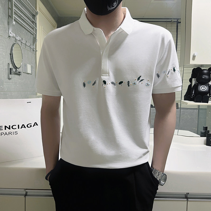 黑色翻领polo衫痞帅刺绣T恤夏季修身痞帅潮牌潮流男装短袖高级感