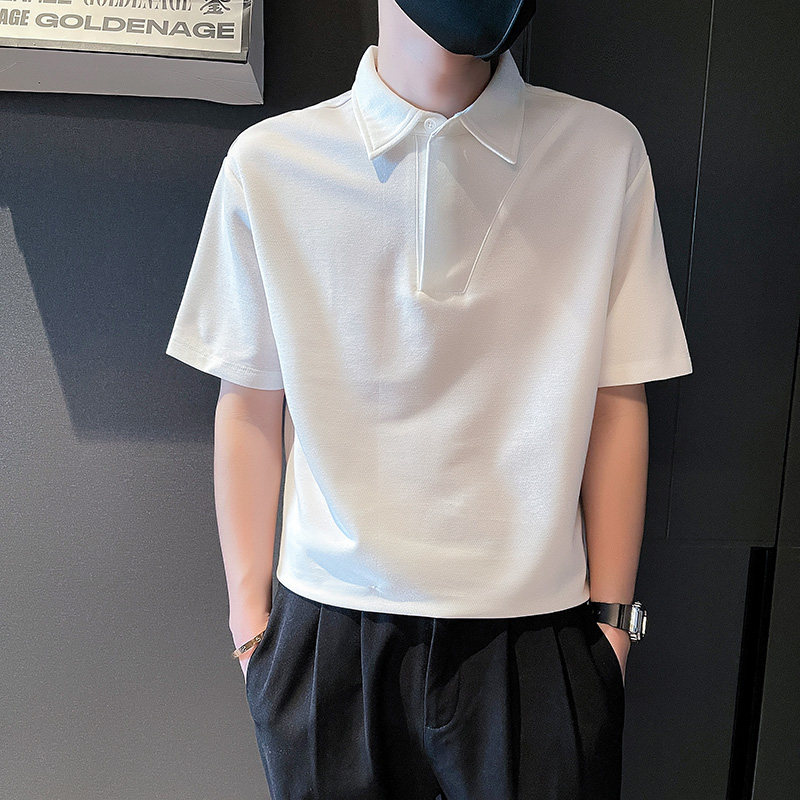 2023夏季痞帅短袖男装ins百搭半截袖高级感翻领POLO衫白色t恤上衣