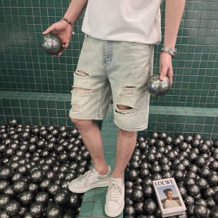 衩2023新款 男浅蓝色大裤 潮流男裤 五分裤 夏季 潮牌破洞牛仔中裤 短裤