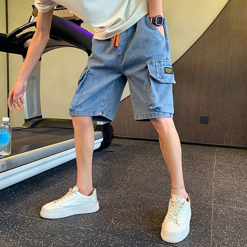 潮牌工装牛仔短裤男士宽松紧腰牛仔裤衩子夏季薄款男式五分裤蓝色