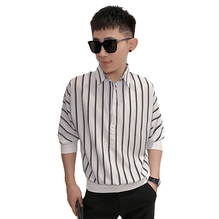 黑色竖条纹衬衫男夏季短袖黑白七分袖潮薄款中袖冰丝痞帅花衬衣服