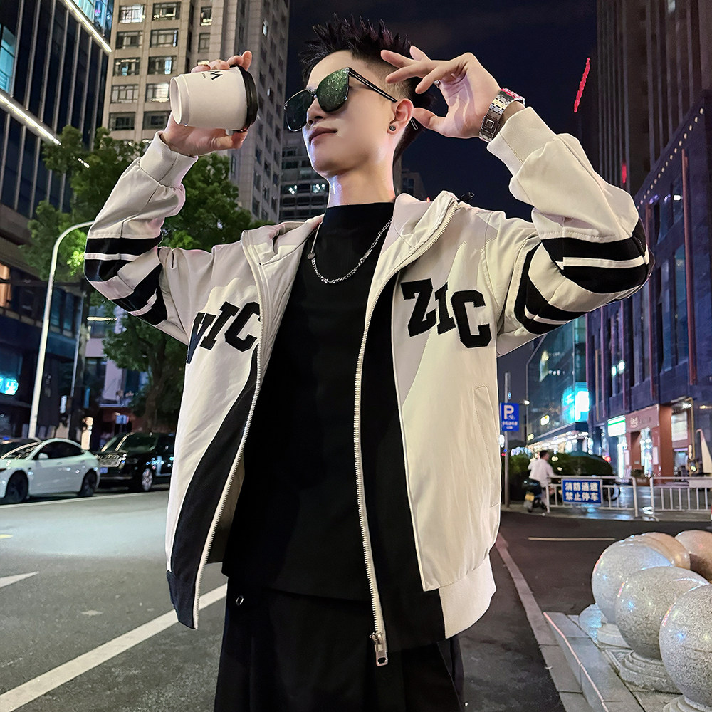 连帽外套男夹克刺绣拼接
