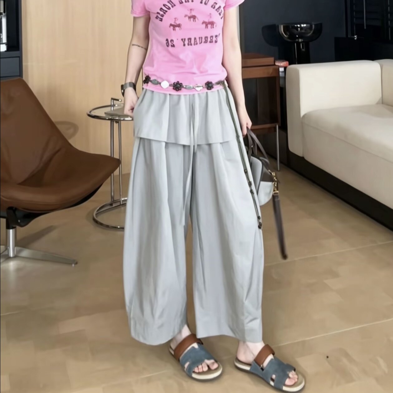 小众设计感皮帘休闲裤女图片