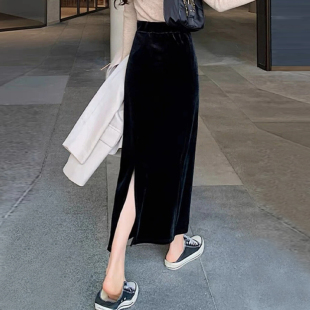 2024春秋新款 包臀裙开叉百搭一步裙 金丝绒半身裙女黑色高腰中长款