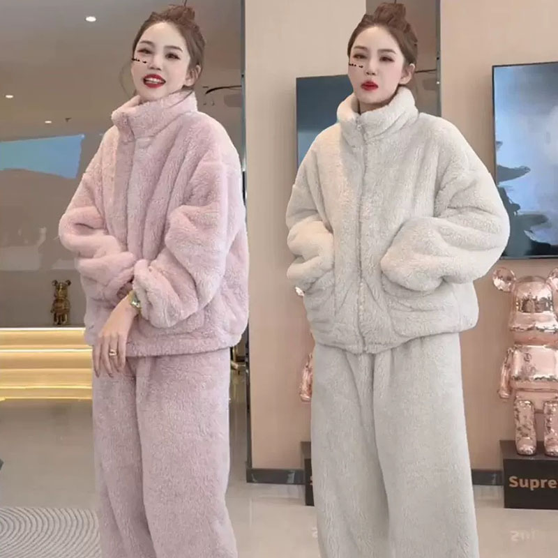 立领加绒加厚居家服两件套