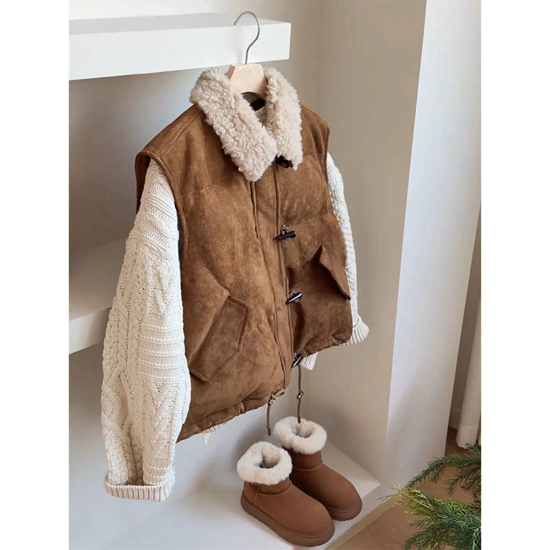 高级感小个子毛毛翻领牛角扣棉马甲外套女2025秋冬款加厚保暖马夹,女装/女士精品,马夹,淘宝优惠券,粉丝福利购,淘宝优惠卷