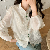 小立领花朵刺绣三排绿扣衬衫 女2025春夏新款 宽松百搭国风衬衣上衣