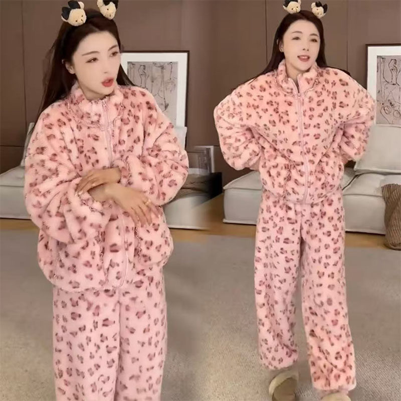 慵懒蕾丝花边豹纹加厚保暖立领睡衣套装女2025秋冬新款舒适两件套,女装/女士精品,时尚套装,淘宝优惠券,粉丝福利购,淘宝优惠卷