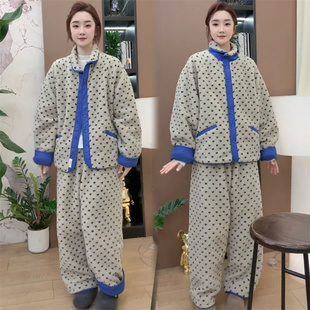 秋冬珊瑚绒睡衣女加厚保暖爱心印花撞色门襟翻领家居服套装 两件套