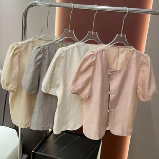轻国风设计感短袖 衬衫 女短款 2024夏季 小衫 新中式 泡泡袖 气质上衣 款