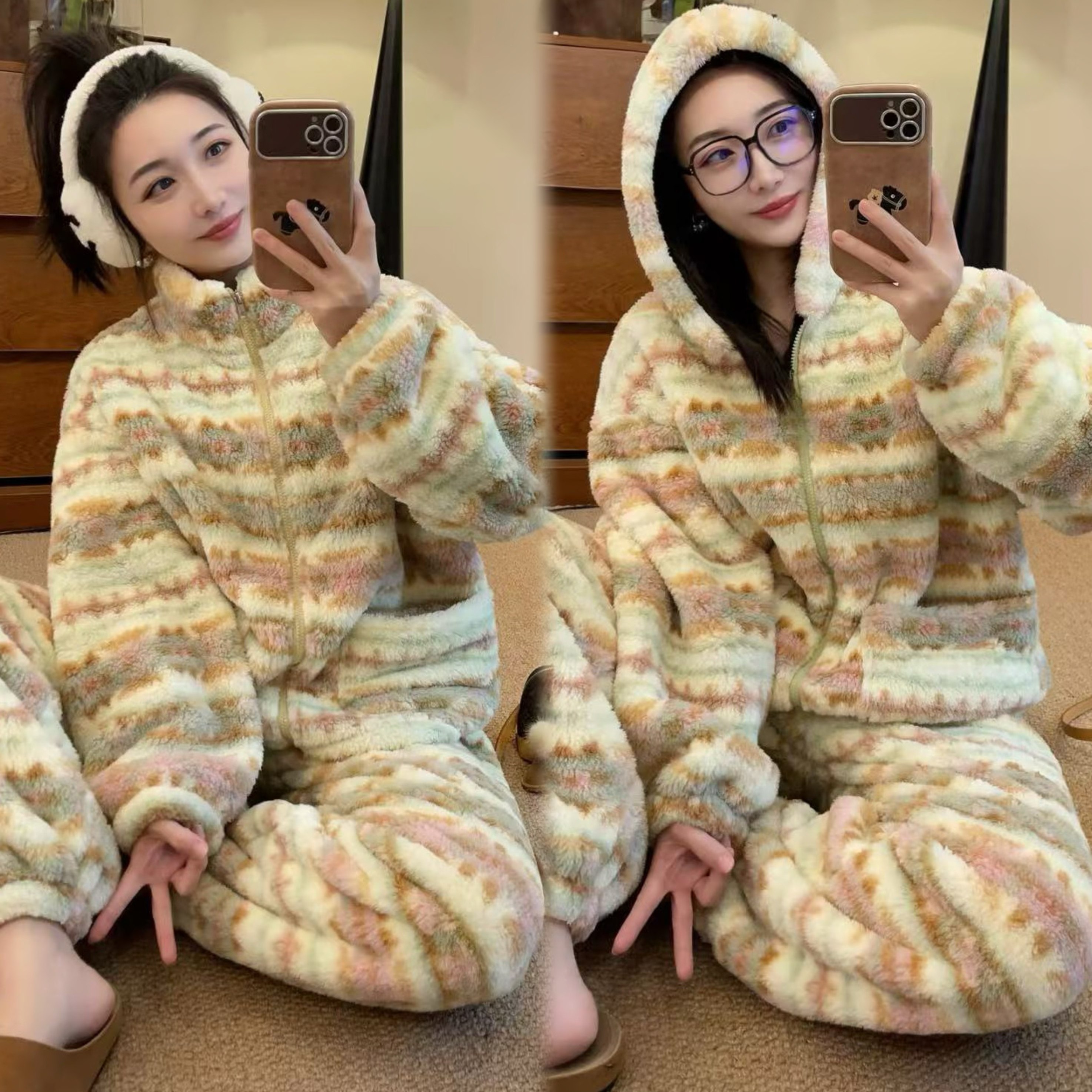 温暖条连帽立领加厚保暖居家服睡衣套装女秋冬新款宽松拼接两件套,女装/女士精品,时尚套装,淘宝优惠券,粉丝福利购,淘宝优惠卷