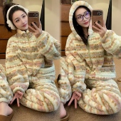 温暖条连帽立领加厚保暖居家服睡衣套装 女秋冬新款 宽松拼接两件套