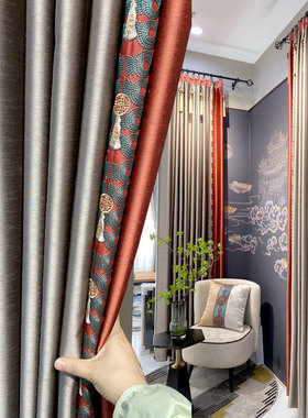 2022年新款新中式古典风格窗帘客厅卧室高档拼接款红色窗帘高遮光