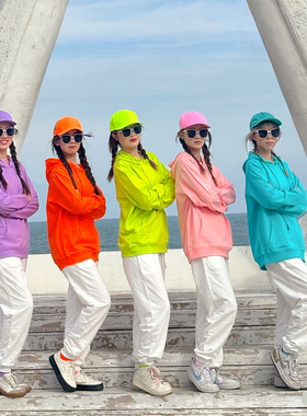 糖果彩色连帽卫衣多人纯色套头纯棉姐妹闺蜜装团体学生运动会班服