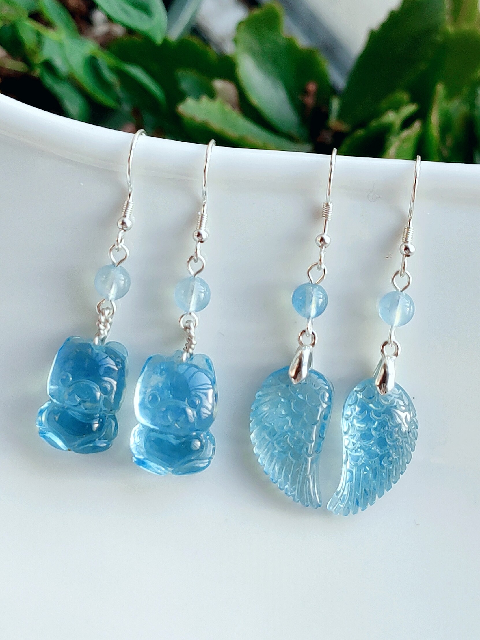 천연 아이스 아쿠아마린 귀걸이 최적화되지 않은 캣아이 등급 모거나이트 피닉스 귀걸이 롱 라이트 럭셔리  귀걸이