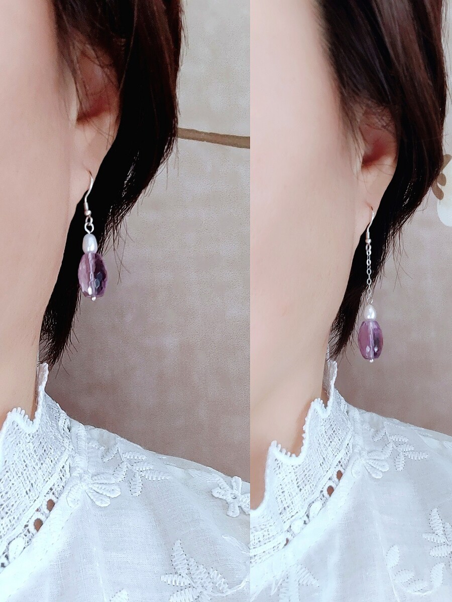 천연 자수정 귀걸이면 처리 된 배럴 비즈 보라색 보석 귀걸이 기질 술 여성을위한 긴 슬림  귀걸이