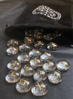 透明玻璃维京卢恩符文如尼石Runes神秘学手工雕刻烫金套装绿