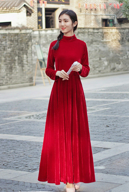 秋冬长袖丝绒清晰淡雅旗袍裙旗袍