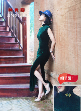 2024春夏旗袍长款金丝绒旗袍大弹力演出复古静雅文艺长旗袍大码