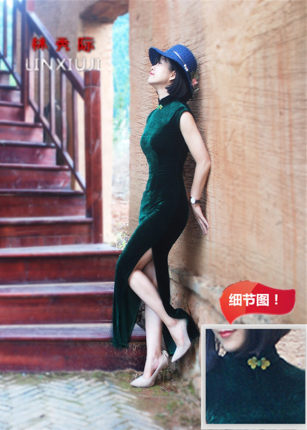2024春夏旗袍长款金丝绒旗袍大弹力演出复古静雅文艺长旗袍大码