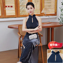 2022春夏金丝绒旗袍修身 吊脖漏肩背纯色复古性感魅惑旗袍弹力 长款