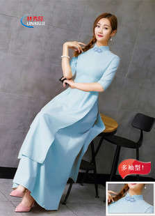 2023春夏原创设计女装改良旗袍裙越南奥黛立领茶禅舞服长款连衣裙