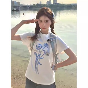 辣妹风花朵印花短袖t恤女短款圆领修身显瘦甜酷上衣