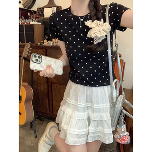 波点圆领短袖t恤女2026新款修身小个子短款正肩上衣
