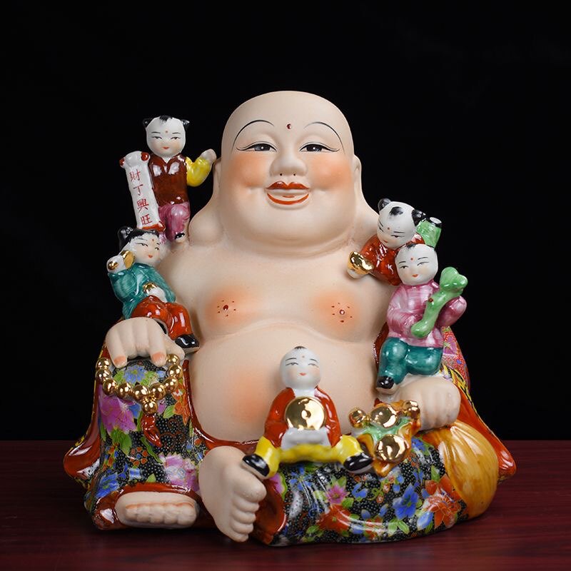 陶瓷五子登科弥勒佛摆件大肚笑佛瓷器佛像工艺品家居客厅摆设