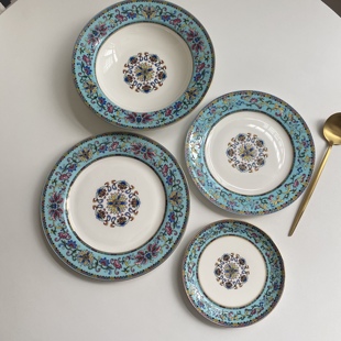 中式珐琅彩装菜盘子家用骨瓷汤盘金边复古深盘8寸吐骨碟点心盘子