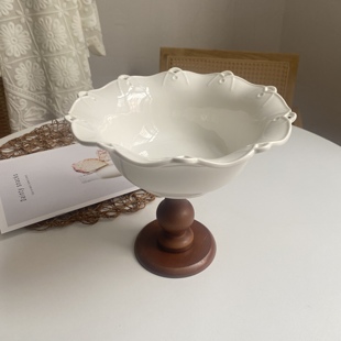 故里瓷器 大厂订单 中古木质高脚水果盘高颜值浮雕镂空零食干果碗