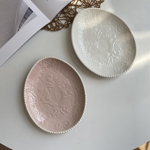 外贸尾单 珠点浮雕兔子陶瓷盘子马卡龙色甜品盘菜盘釉下彩家用盘