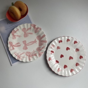 原单尾货 釉下彩手绘爱心盘子可爱ins风蝴蝶结陶瓷菜盘蛋糕点心盘