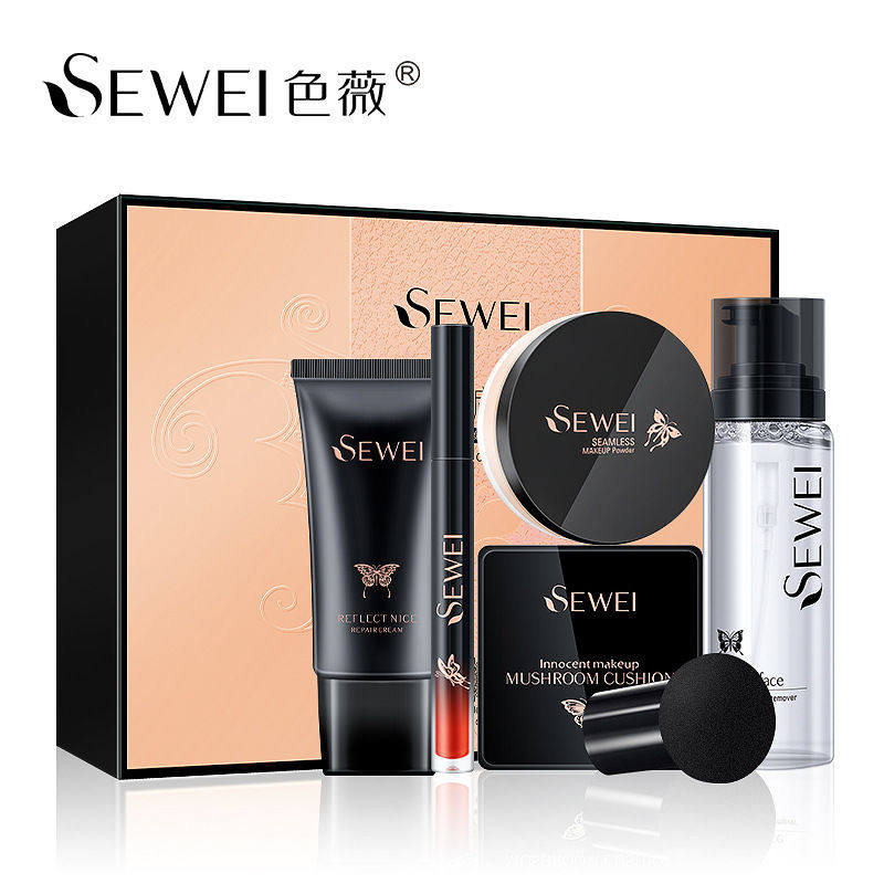 色薇蝶翼翩翩五件套蘑菇头气垫隔离霜定妆散粉唇釉彩妆套装日常妆